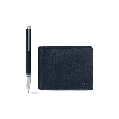Lapis Bard - Gift Set Torque Artis Leather Ballpoint Pen and Stanford Saffiano Blue Wallet - Navy with Chrome  Trims